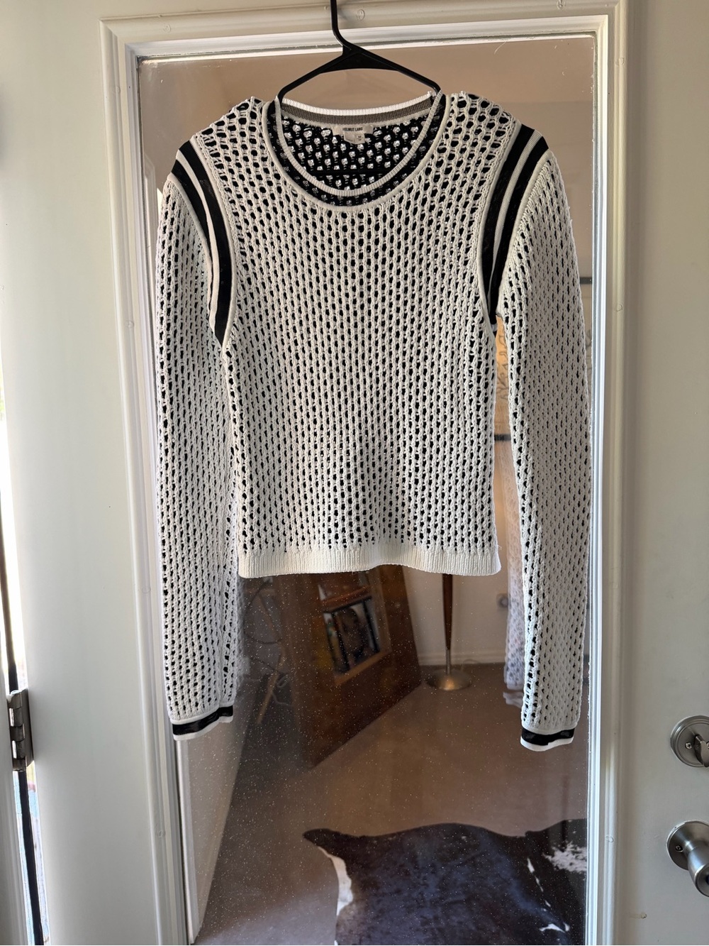 Helmut Lang White Open-Knit Crew Sweater with Black Trim